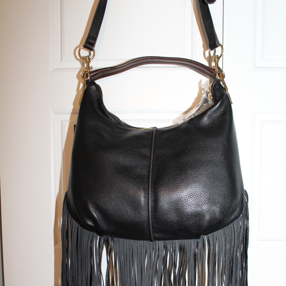 Mini Double Zip Fringe Black Leather Hobo Bag